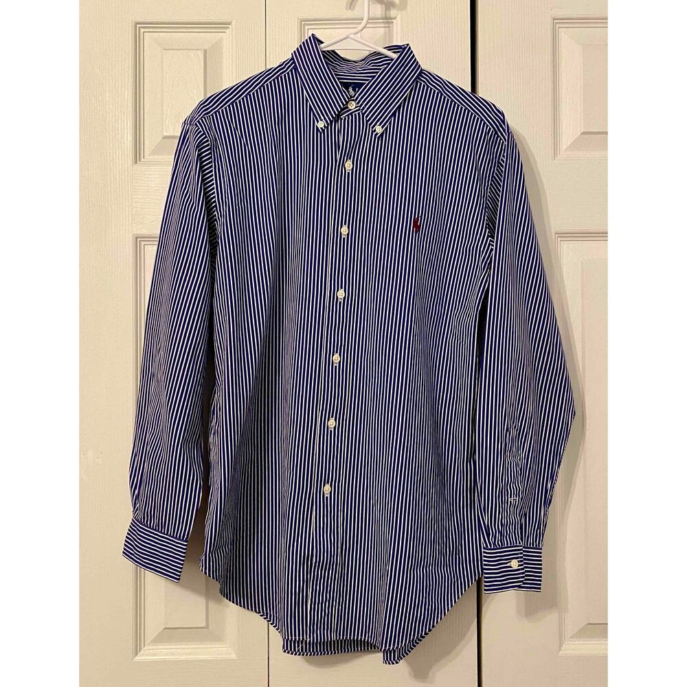 Ralph Lauren Blue White Striped Button Down Dress Shirt Long Sleeve Size 15 1/2